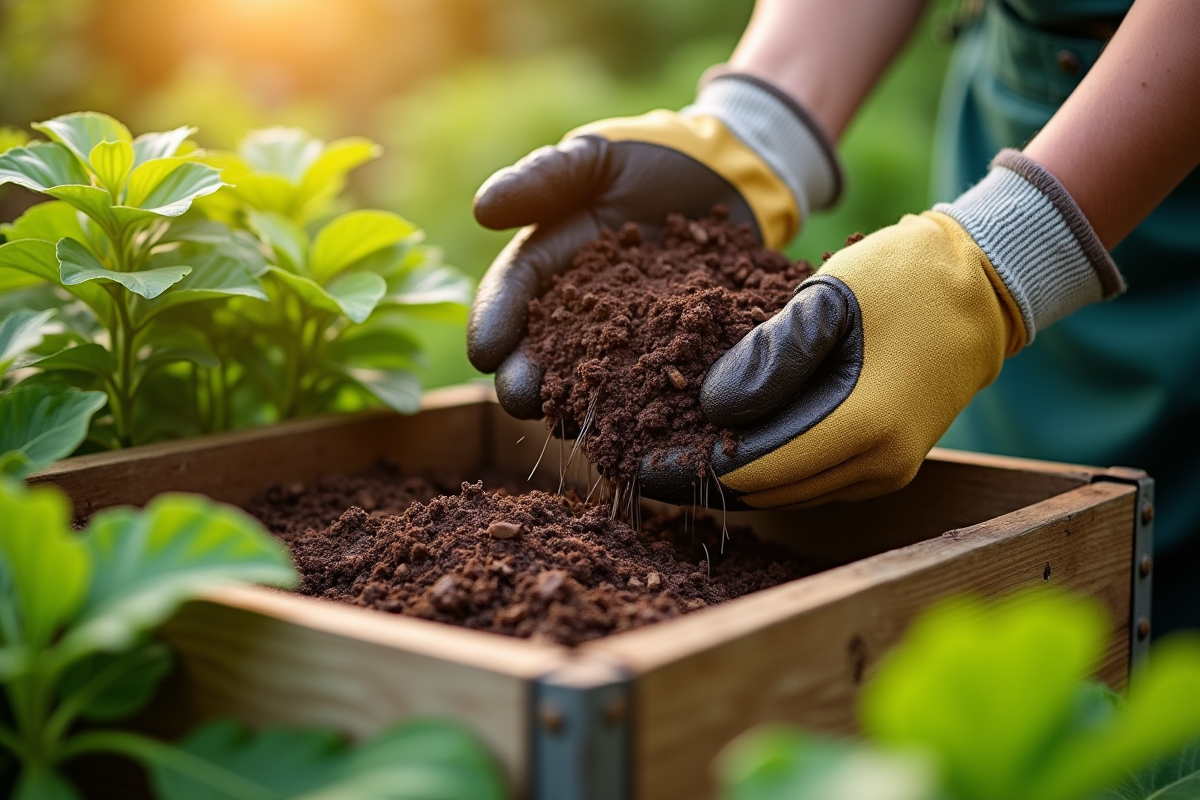 Mains en gants remplissant compost mature dans le jardin