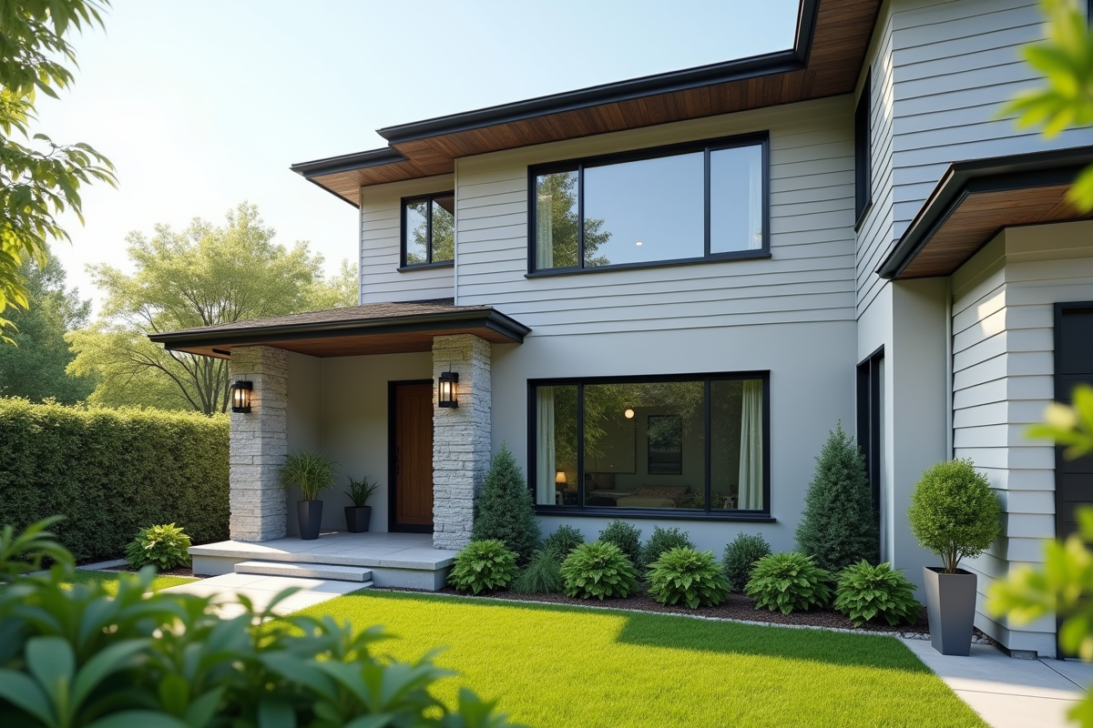 Maison moderne avec siding en fiberciment neuf et plantes vertes