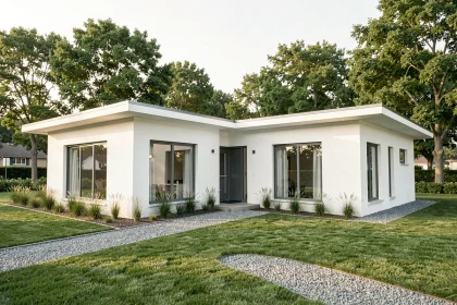 Maison plain pied en L moderne vue de l'extérieur avec jardin paysager et façade blanche épurée