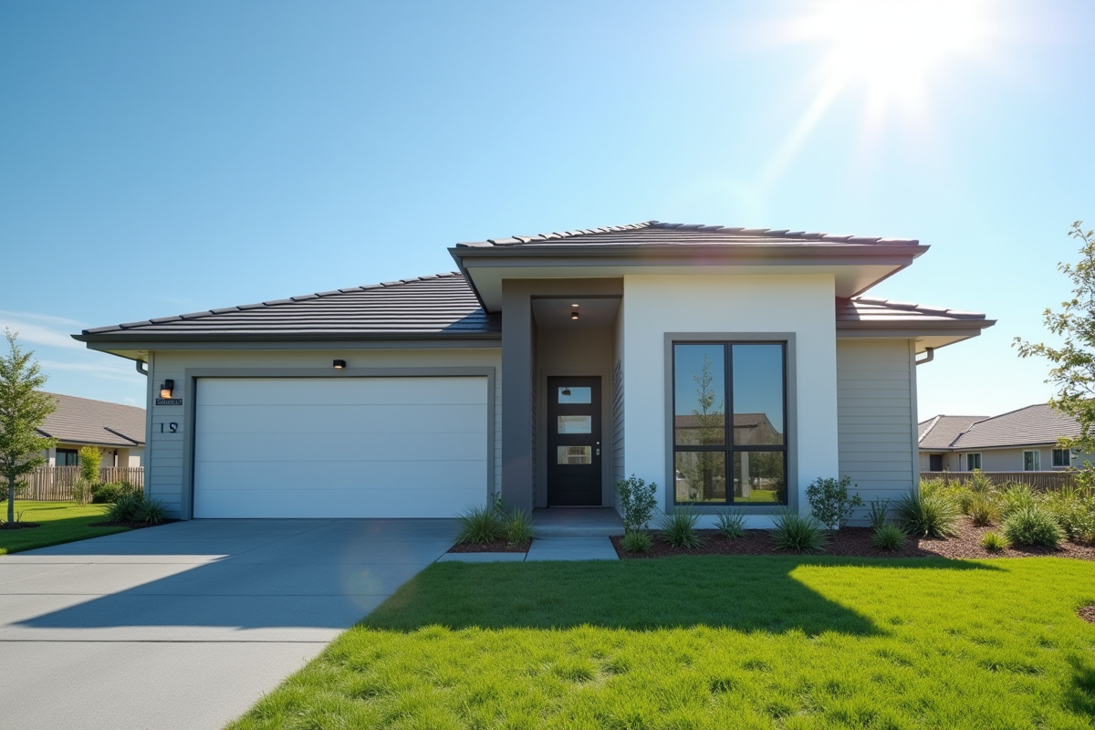 Maison moderne neuve avec façade ensoleillée et jardin bien entretenu