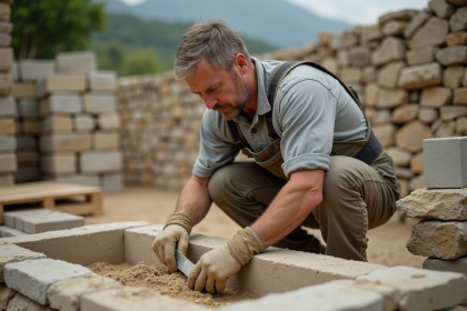 Maçon mélangeant chaux et sable sur un chantier en extérieur