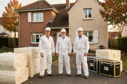 Équipe de professionnels de l'isolation thermique devant une maison pavillonnaire des Yvelines
