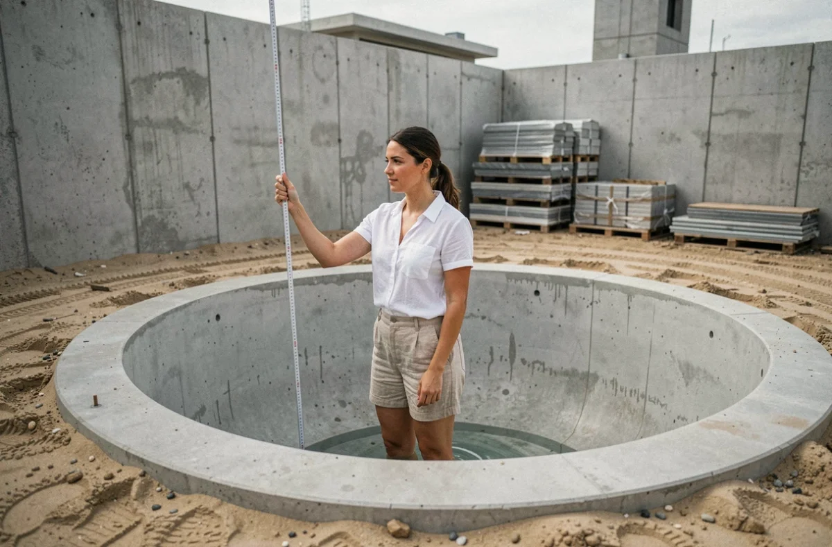 Femme mesurant les parois intérieures d'une piscine ronde en béton en construction pour calculer la surface totale