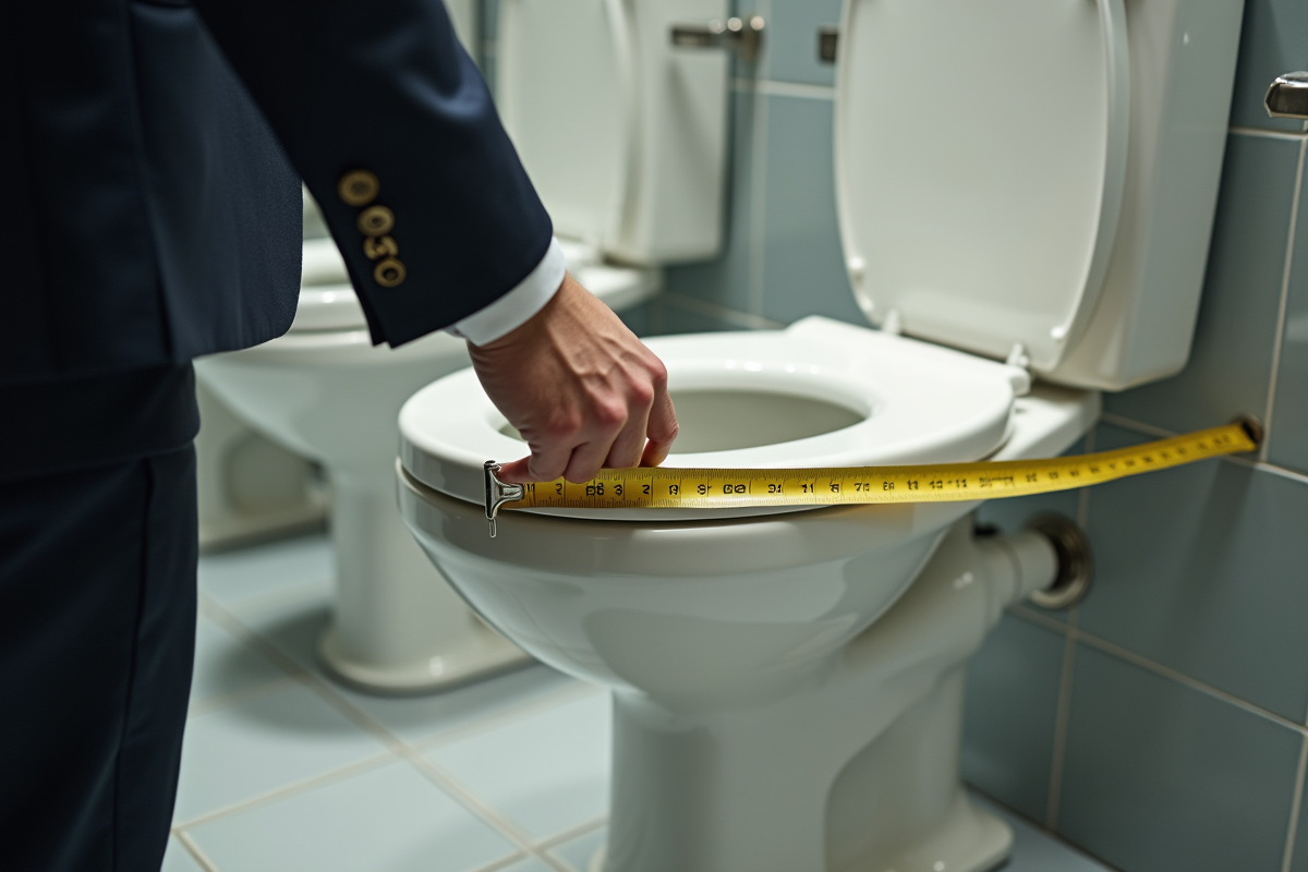 Main en costume mesurant une toilette en céramique dans un WC public lumineux