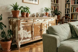 Meuble en bois vintage de récupération installé dans un salon parisien cosy avec décoration naturelle et sofa en lin
