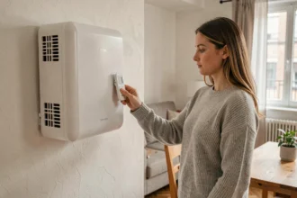 Mini pompe à chaleur murale installée dans un studio avec une femme réglant la télécommande