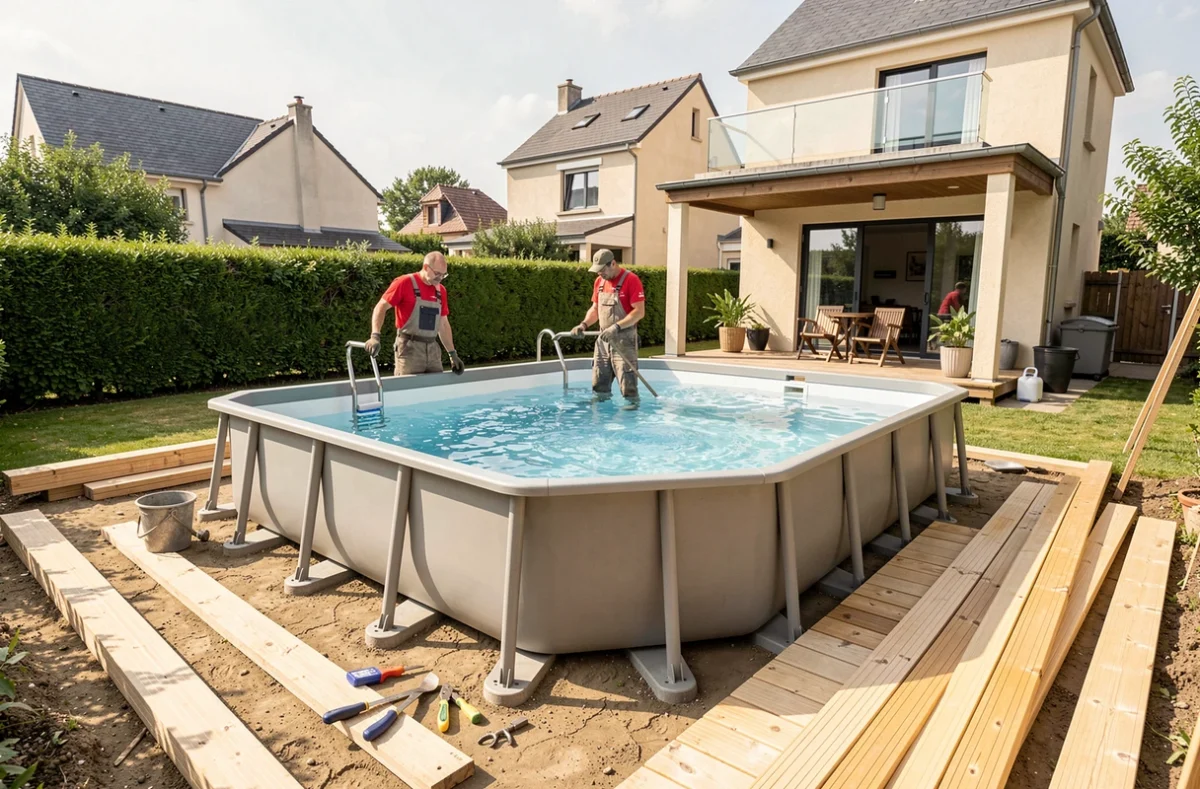 Deux ouvriers en tenue Mondial Piscine assemblant un kit de piscine préfabriqué dans un jardin pavillonnaire de Seine-Saint-Denis avec des panneaux de terrasse en bois au sol