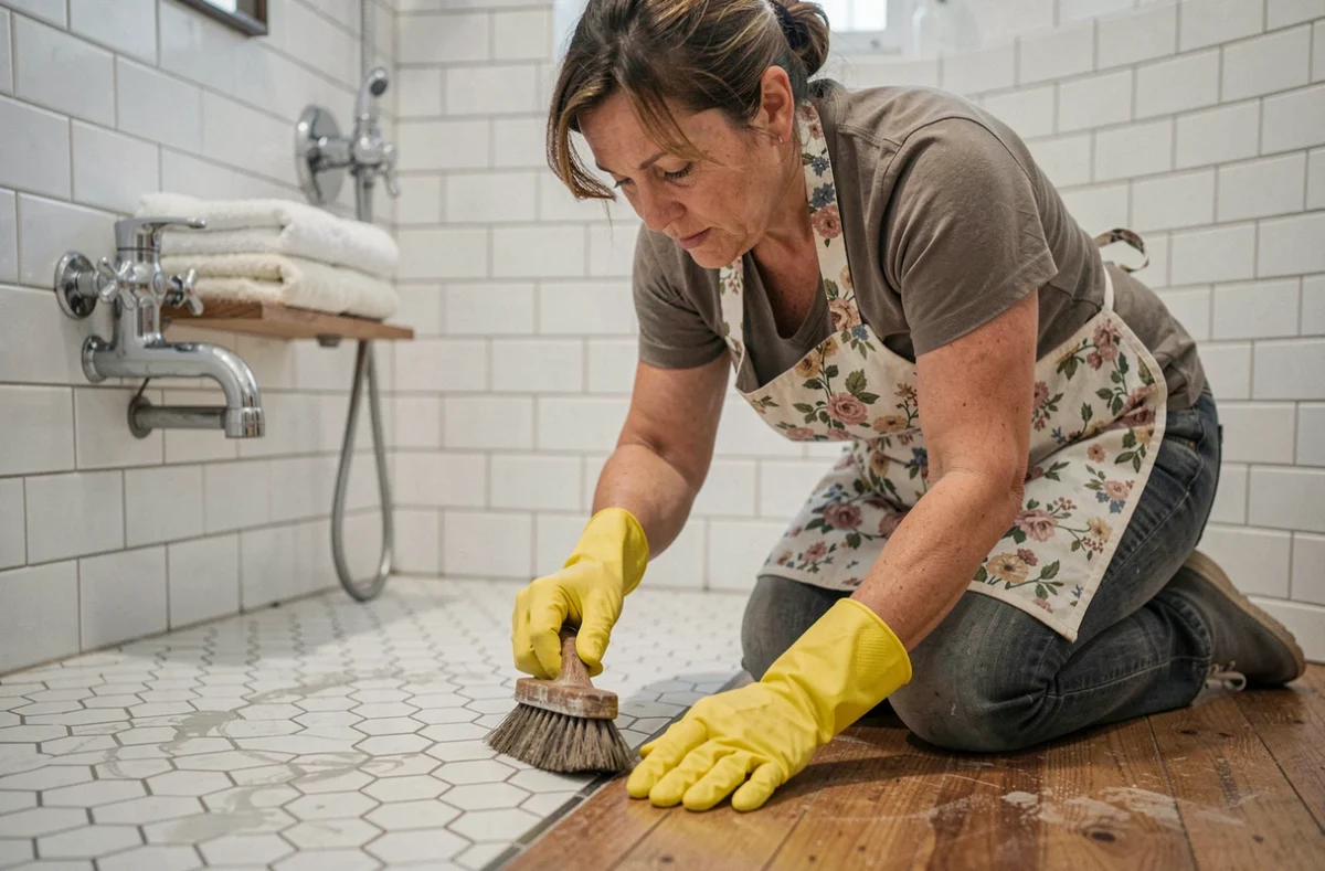 Femme de ménage nettoyant le carrelage d'une salle de bain à domicile