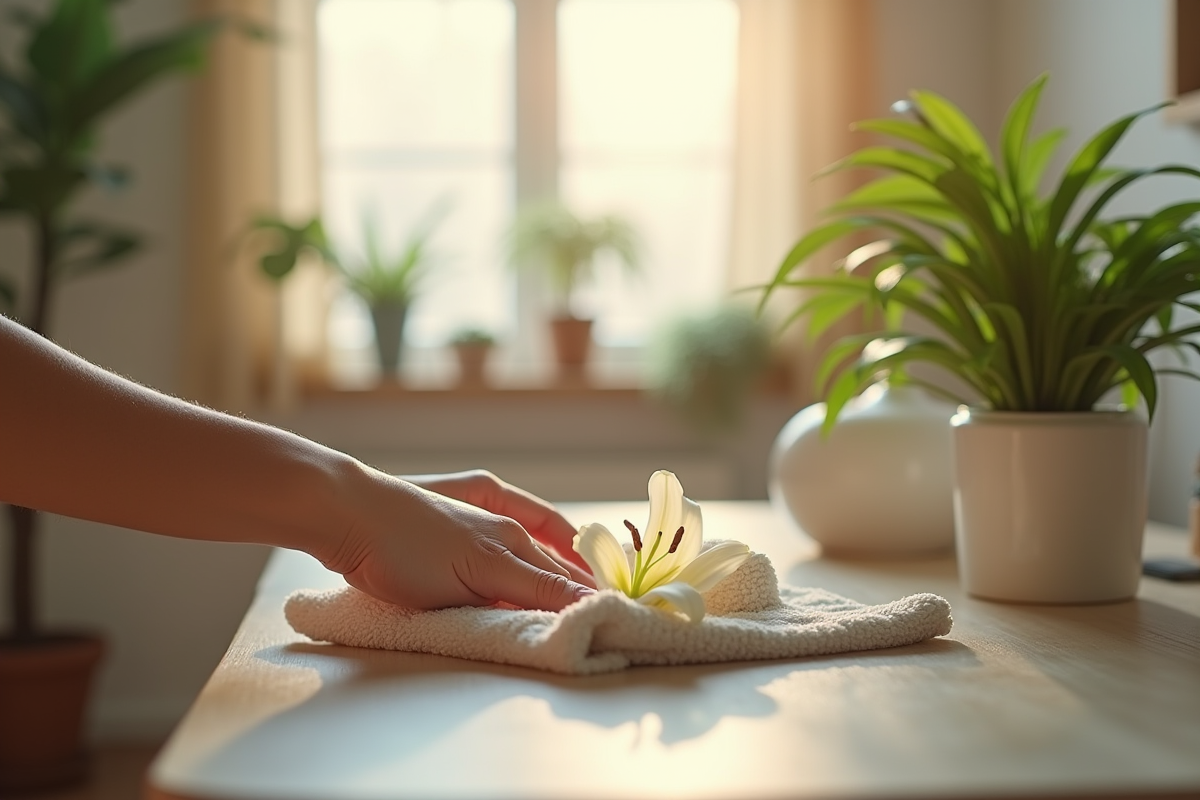 Personne nettoyant delicatement des petales de lys dans un salon lumineux