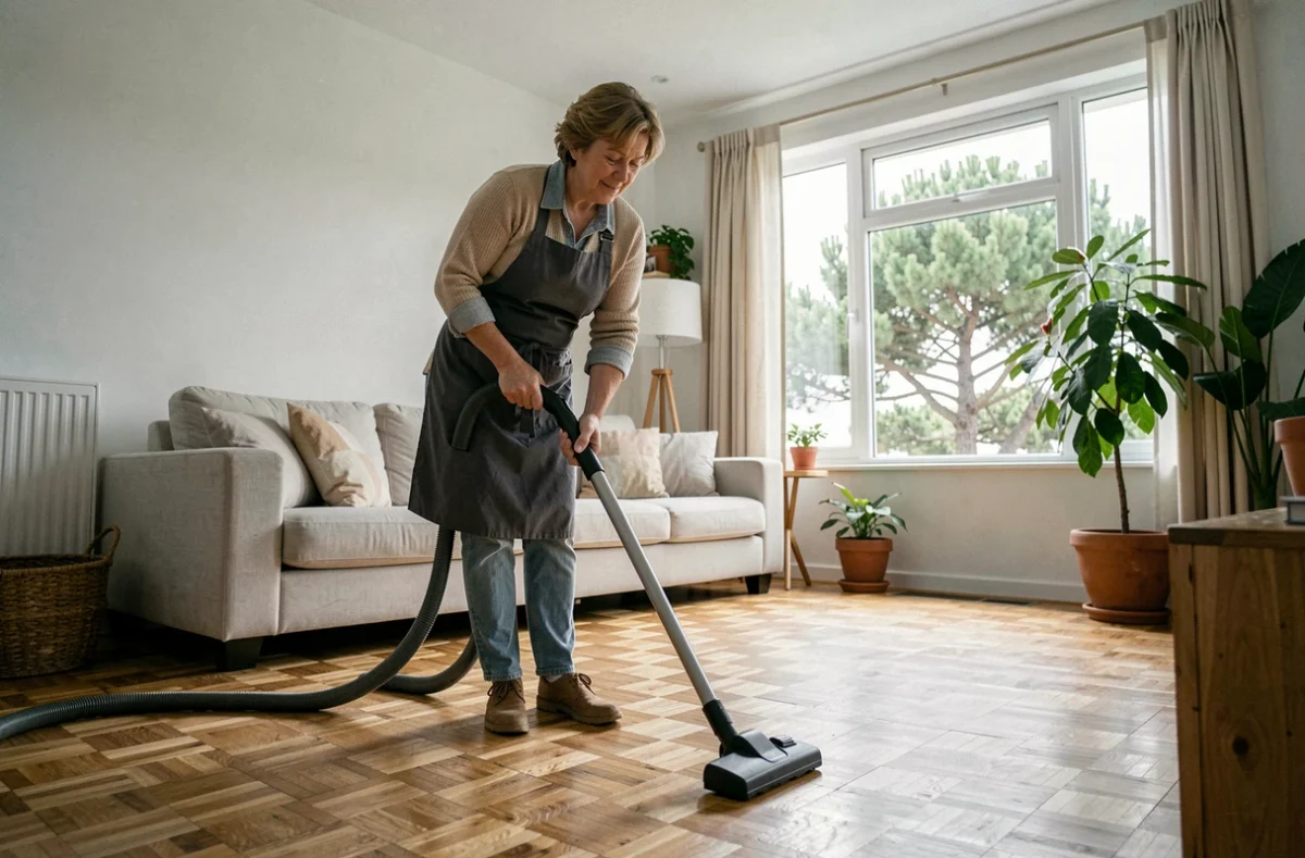 Professionnelle de ménage passant l'aspirateur dans un salon avec parquet dans une maison à Anglet