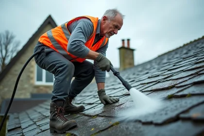 Professionnel du toiture utilisant un nettoyeur haute pression Karcher sur un toit en ardoise avec précautions de sécurité