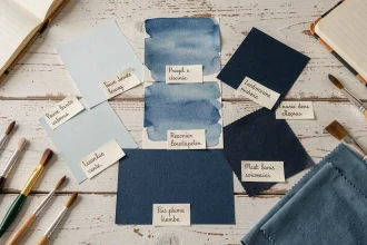 Palette de sept nuances de bleu présentées sur une table en bois avec des échantillons de peinture et de tissu
