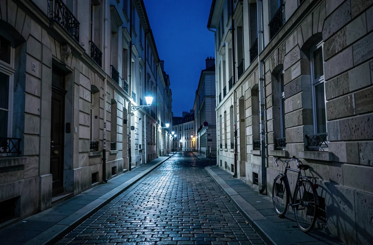 Ruelle pavée d'une ville française la nuit baignée dans un bleu profond et sombre