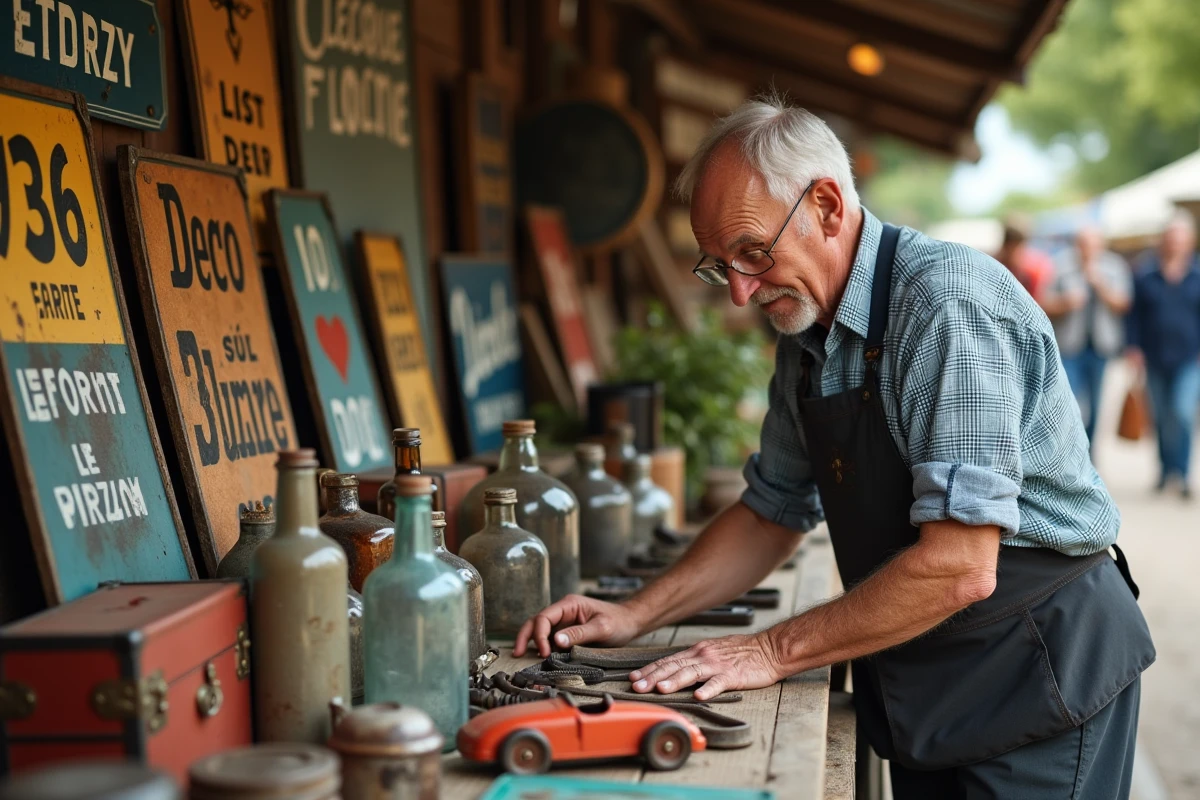 Objets de brocante et antiquités exposés sur une table de vide grenier en Deux-Sèvres