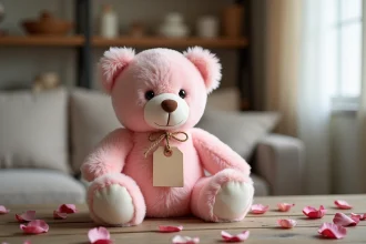 Ourson en peluche rose pastel posé sur une table en bois rustique entouré de pétales de roses séchées, idéal comme cadeau inoubliable