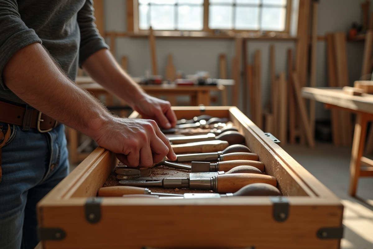 Mains d'un menuisier choisissant des outils de qualité dans un atelier lumineux