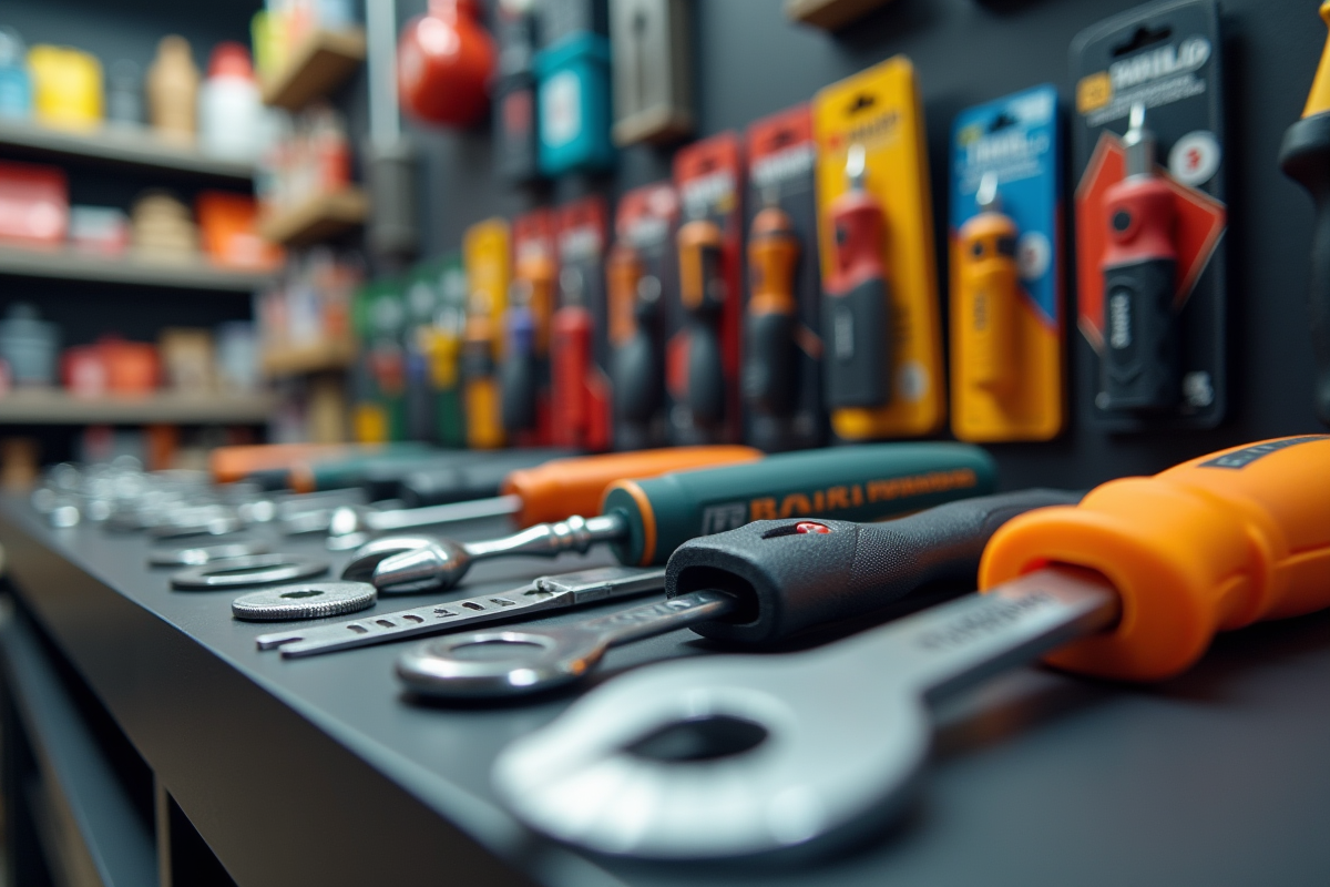 Outils à main de marque exposés sur un comptoir de magasin avec emballages colorés