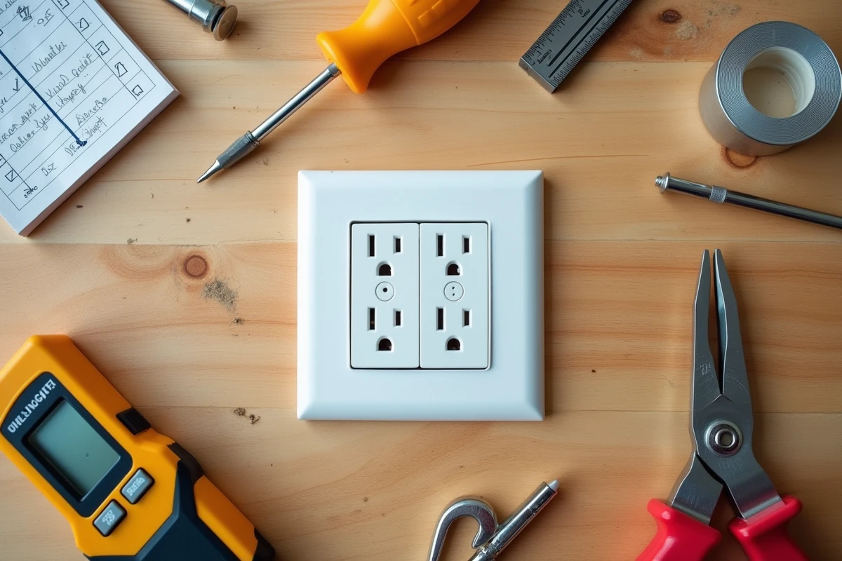 Vue en plongée d'une prise murale démontée posée sur un établi avec les outils nécessaires et une checklist manuscrite avant travaux électriques