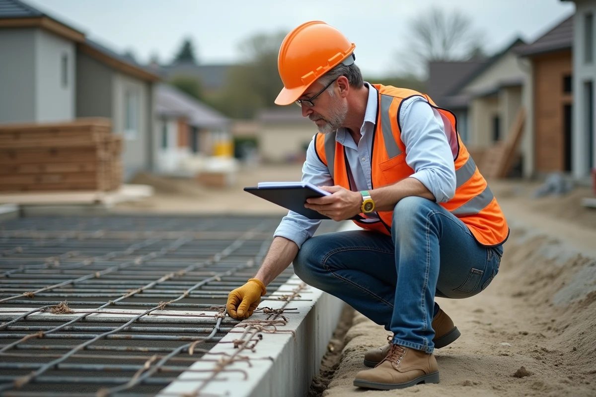 Ouvrier en jean et gilet haute visibilité inspectant le béton