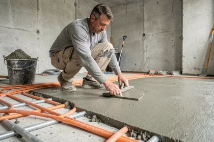 Ouvrier appliquant une chape liquide sur un plancher chauffant avec tubes de chauffage visibles