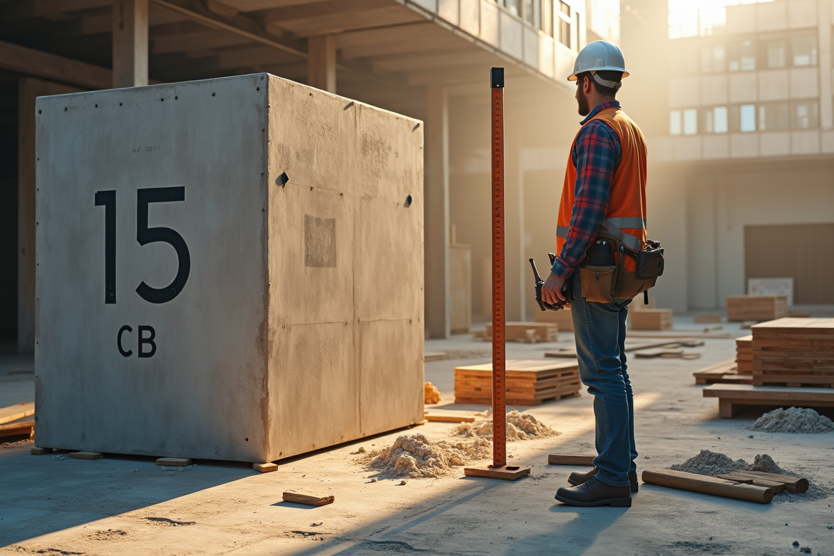Ouvrier de construction près d'un cube de 15m3 sur un chantier