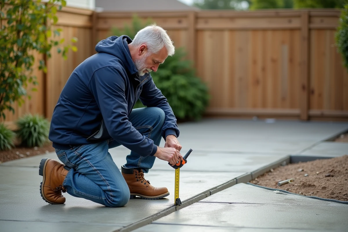 Ouvrier vérifiant un patio en béton dans un jardin
