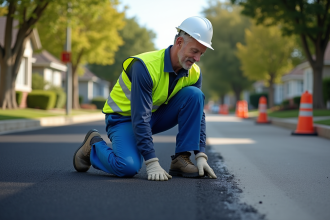 Ouvrier routier en action sur l'asphalte neuf