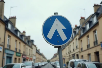 Panneau de signalisation routière B34 obligatoire monté sur poteau dans une rue française