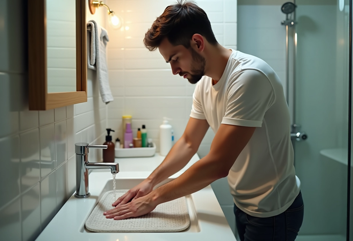 Jeune père rinçant un tapis antidérapant sous le lavabo