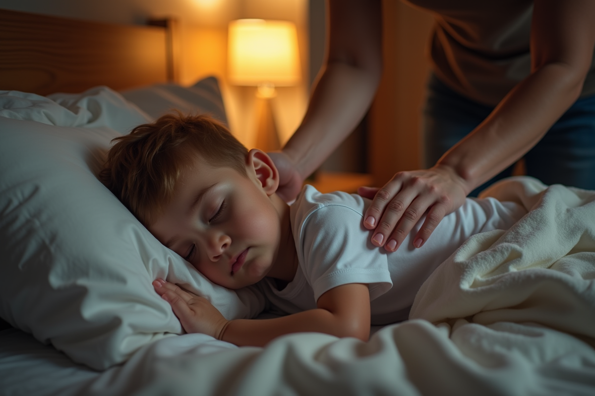 Parent posant une couverture sur l