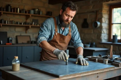 Artisan appliquant une patine sur une feuille de zinc dans un atelier artisanal avec outils et produits chimiques