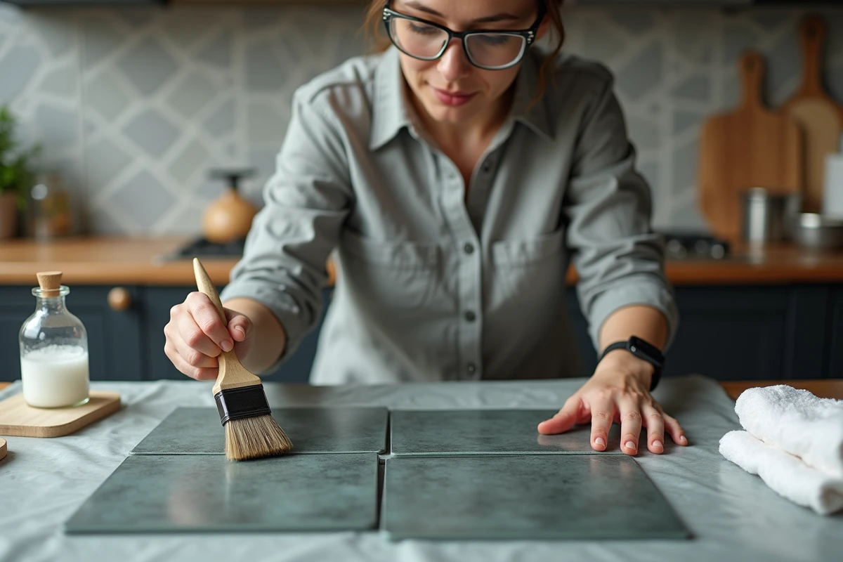 Femme appliquant une patine maison sur des carreaux de zinc à la maison avec vinaigre et sel