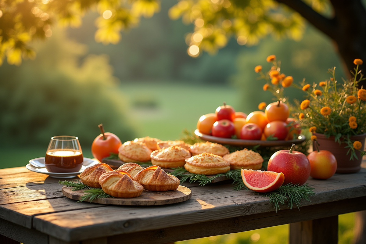Table rustique avec pâtisseries et fruits en plein air