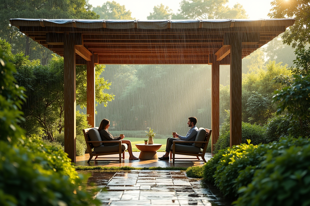 Pergola en bois dans un jardin sous la pluie avec des gens relaxant