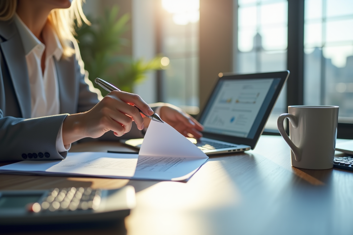Personne d'affaires examinant un document dans un bureau lumineux