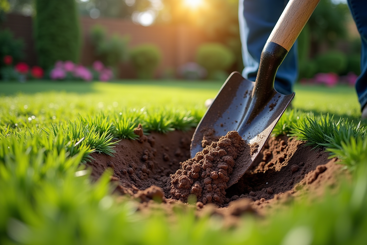Personne utilisant une pelle pour creuser un trou dans un jardin ensoleille
