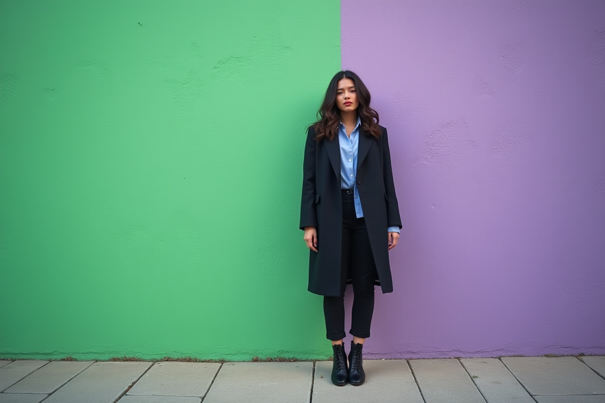 Personne élégante devant un mur coloré vert et violet
