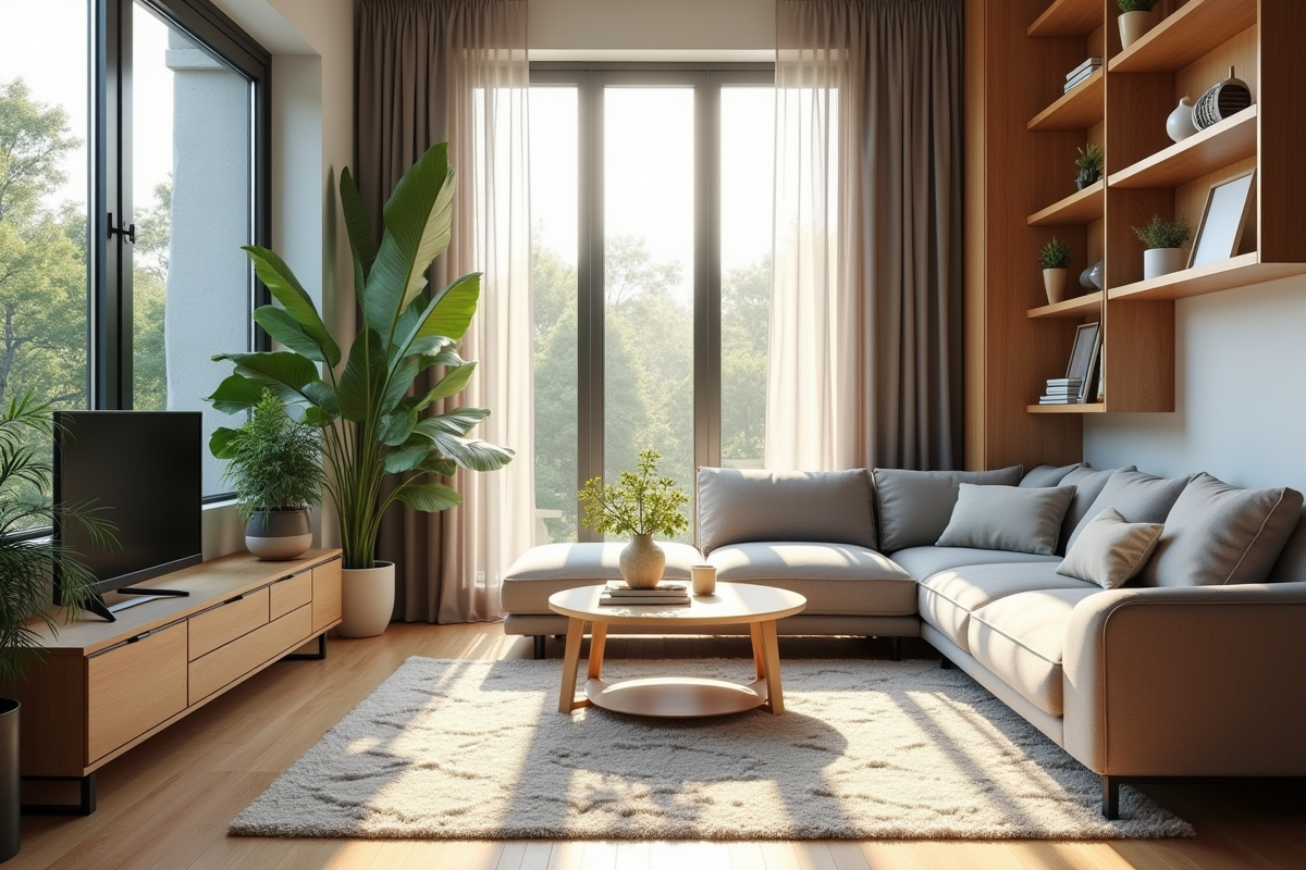 Salon moderne avec mobilier multifonctionnel lumineux