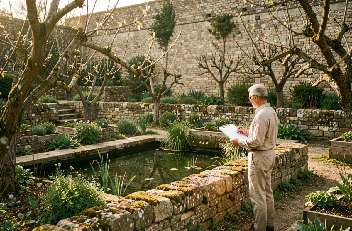 Architecte paysagiste devant une piscine naturelle intégrée dans le site patrimonial des Murs à Pêches de Montreuil, entouré de vieux murs en pierre couverts de mousse et de végétation