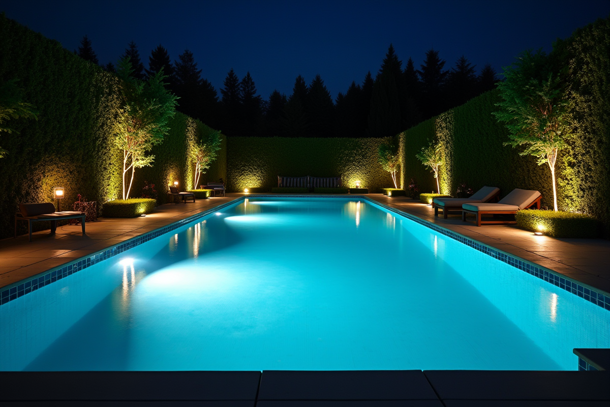 Piscine extérieure la nuit avec éclairage puissant et jardin