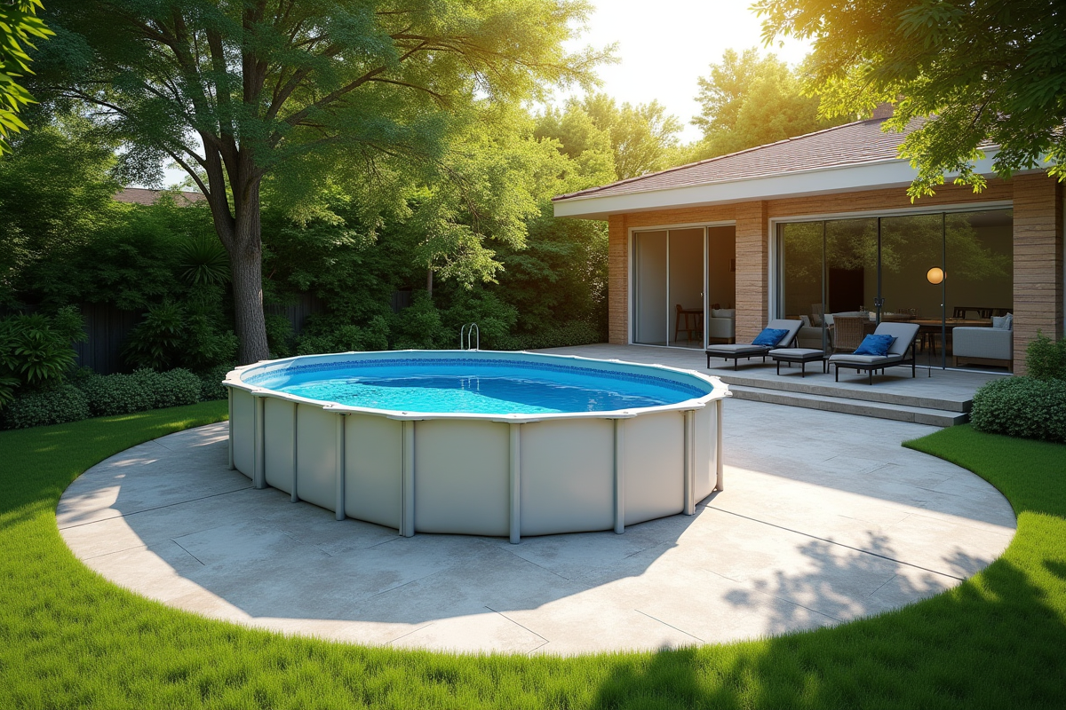 Piscine hors sol dans un jardin moderne en été