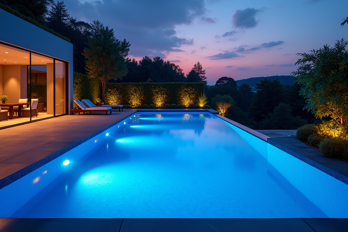 Piscine extérieure de luxe éclairée au crépuscule avec lumières LED