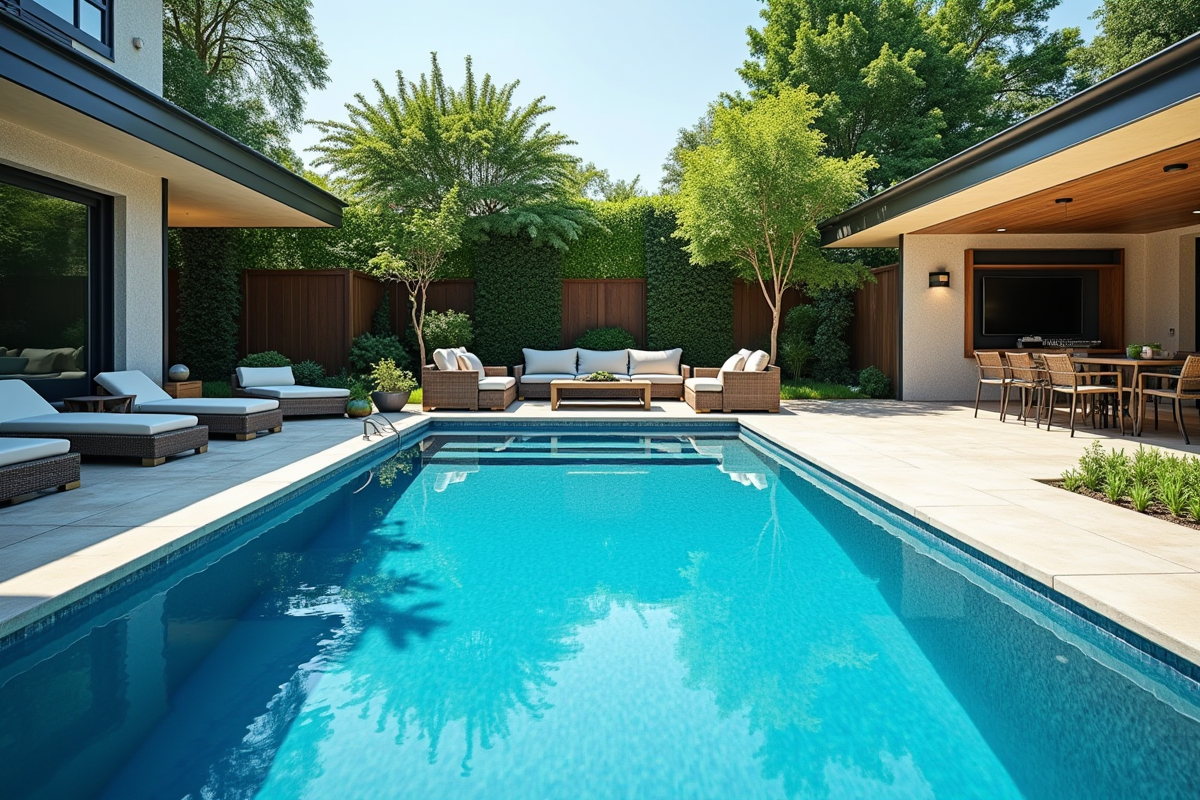 Piscine moderne dans un jardin élégant ensoleillé