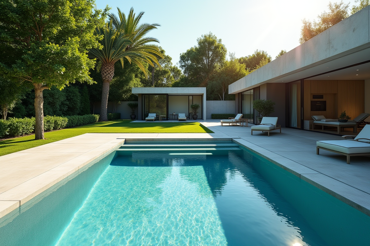 Jardin avec piscine moderne et petit local technique