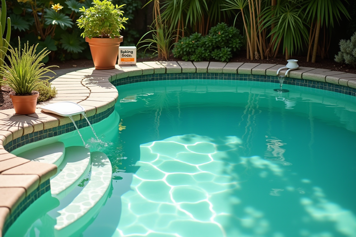Piscine de jardin à l'eau verte et plantes environnantes