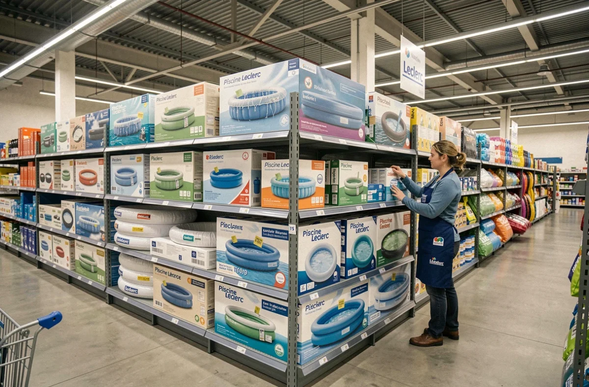 Rayon piscines d'un hypermarché Leclerc avec une employée en tablier organisant des kits de piscines hors-sol et des accessoires de maintenance sur des étagères métalliques