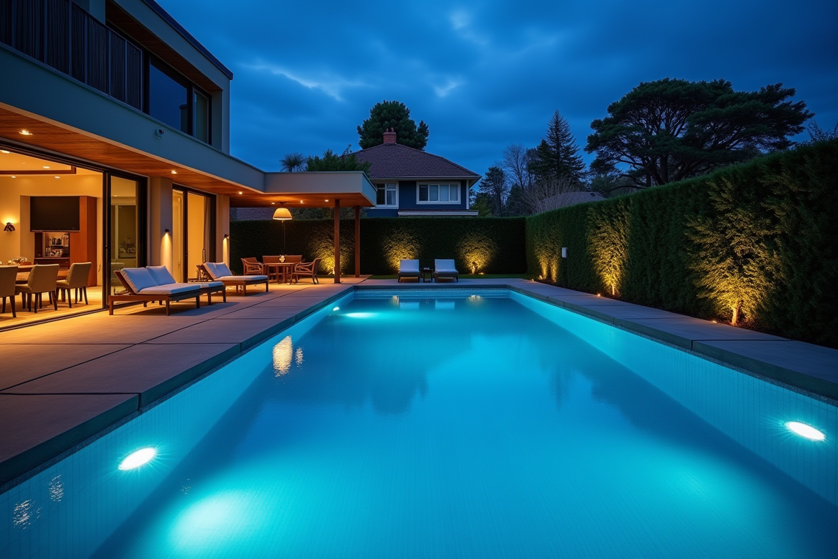 Piscine moderne éclairée en soirée avec lumières LED bleues