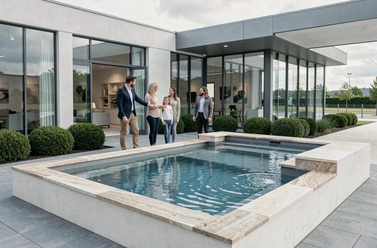 Showroom Piscinelle Île-de-France avec un conseiller en costume présentant un modèle de piscine à débordement en pierre naturelle à une famille cliente