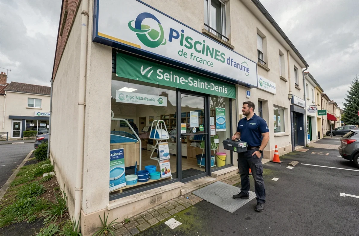 Façade d'une agence Piscines de France en Seine-Saint-Denis avec un technicien portant un kit de test devant la vitrine de l'enseigne franchisée