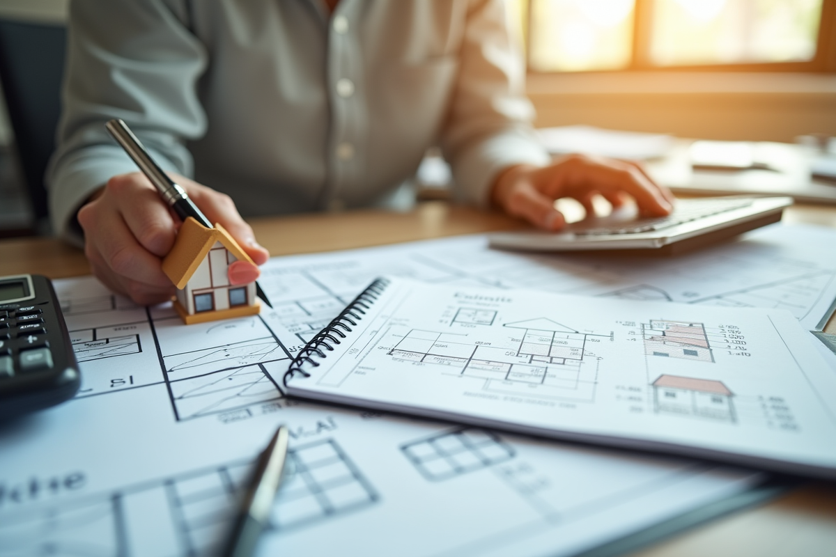 Plan de maison avec calculatrice et devis immobilier